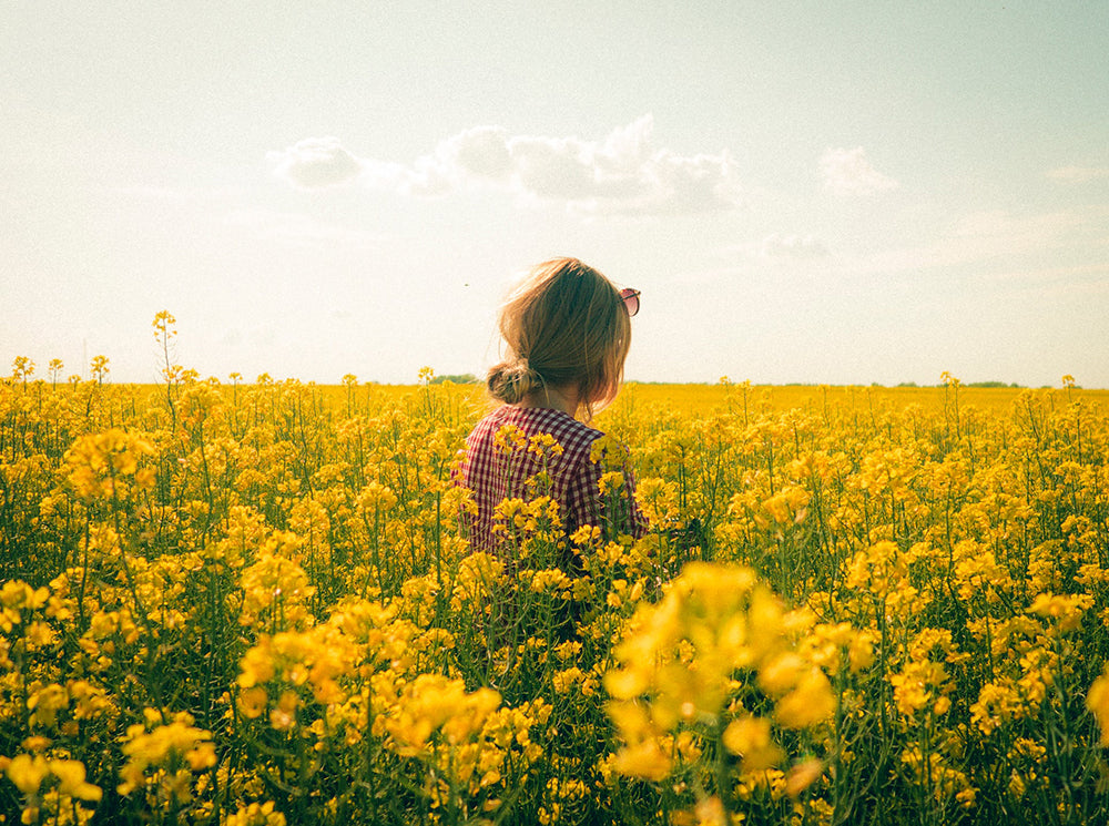 Femme dans la nature avec des fleurs jaunes