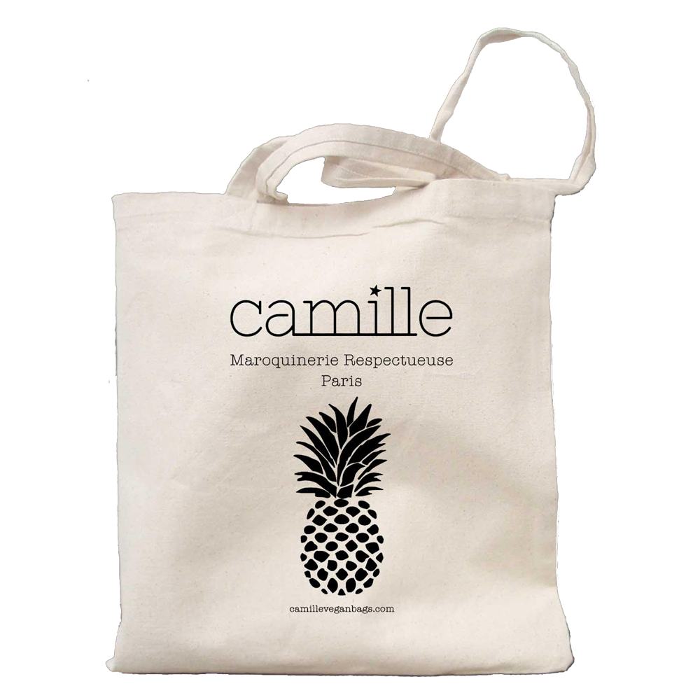 tote bag en coton biologique fabriqué et imprimé en France avec le logo Camille Maroquinerie Respectueuse et ananas